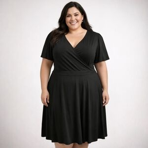 NWT Lady Voluptous Black A-Line Midi Dress Plus Size Flutter Sleeve Wrap V-Neck